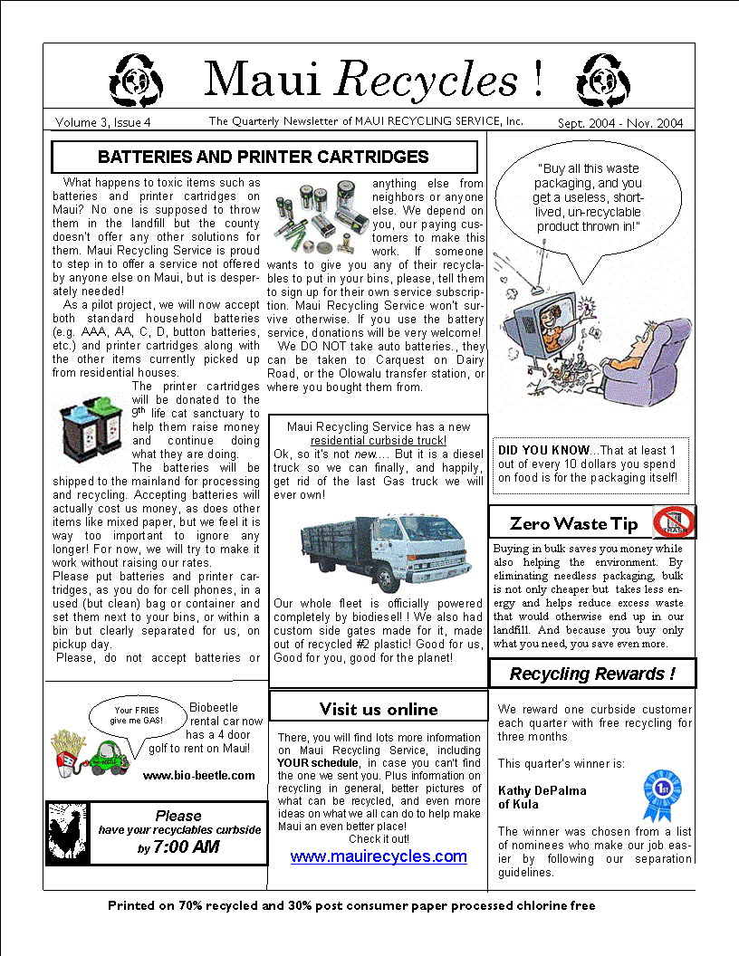 Recycling information newsletter, Maui Hawaii